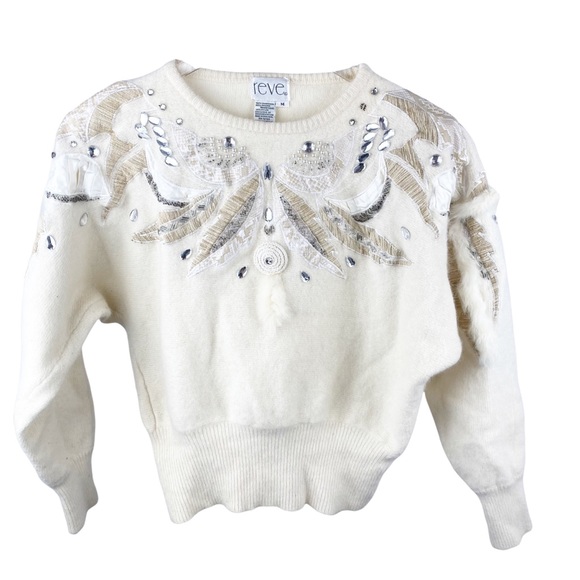 Vintage Sweaters - Vintage Reve Ivory Lambswool Rabbit Hair Angora Embroidered Sweater Size Medium